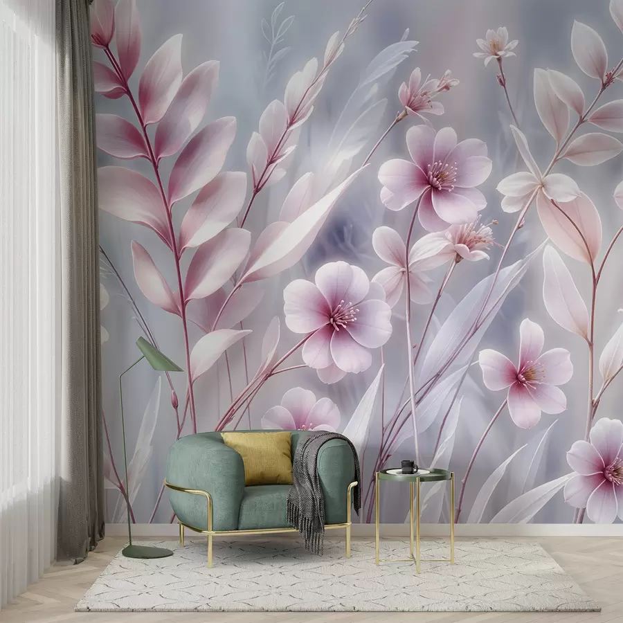 Murales de pared Delicadas flores rosas con suaves pétalos y hojas sobre un fondo abstracto gris pálido w08323 murales de pared Delicadas flores rosas con suaves pétalos y hojas sobre un fondo abstracto gris pálido w08323