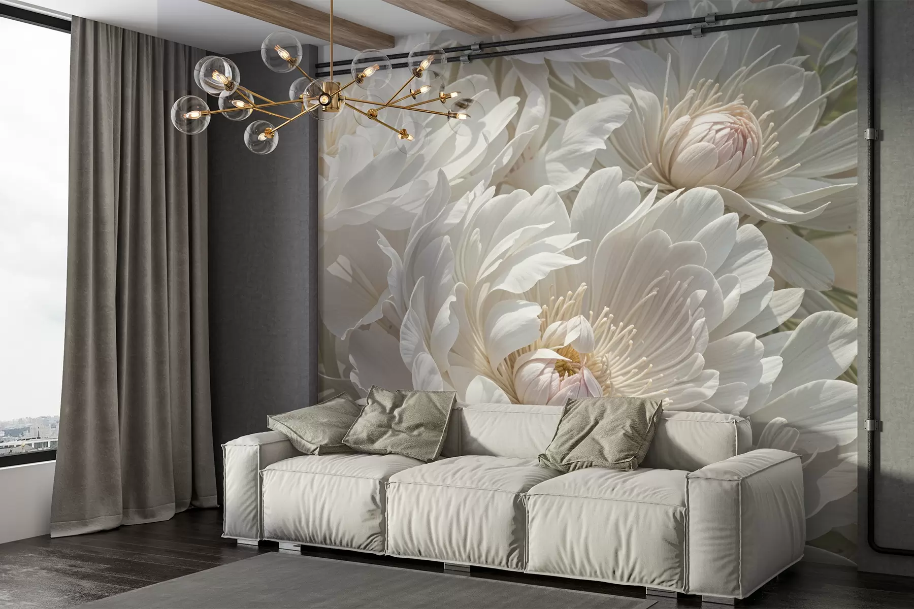 murales de pared Primer plano de grandes y delicadas flores blancas de peonía con pétalos suaves y esponjosos y centros de color amarillo pálido  w08325