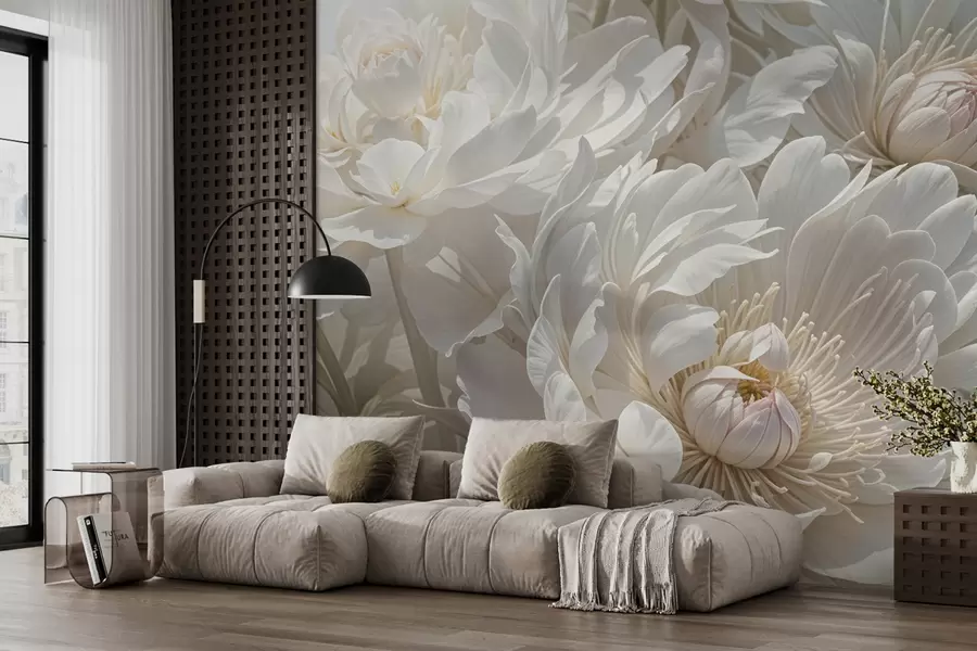 murales de pared Primer plano de grandes y delicadas flores blancas de peonía con pétalos suaves y esponjosos y centros de color amarillo pálido  w08325