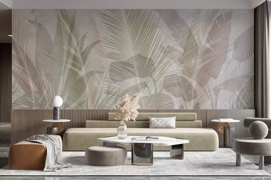 murales de pared Hojas de palmera tropical en suaves colores pastel, con un fondo de textura borrosa y nebulosa w08326