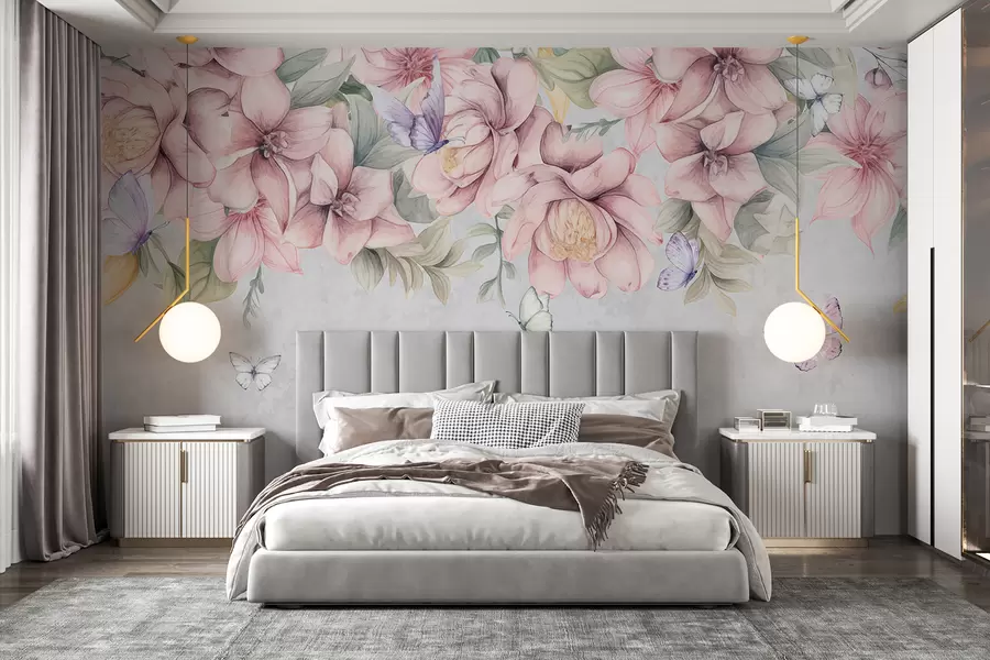 murales de pared Suaves flores rosas y blancas con delicadas flores y hojas sobre fondo gris texturizado w08331