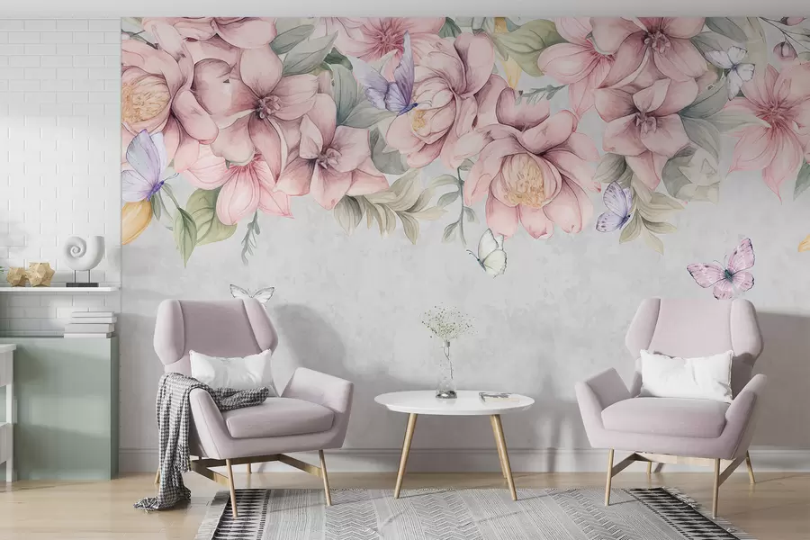 murales de pared Suaves flores rosas y blancas con delicadas flores y hojas sobre fondo gris texturizado w08331