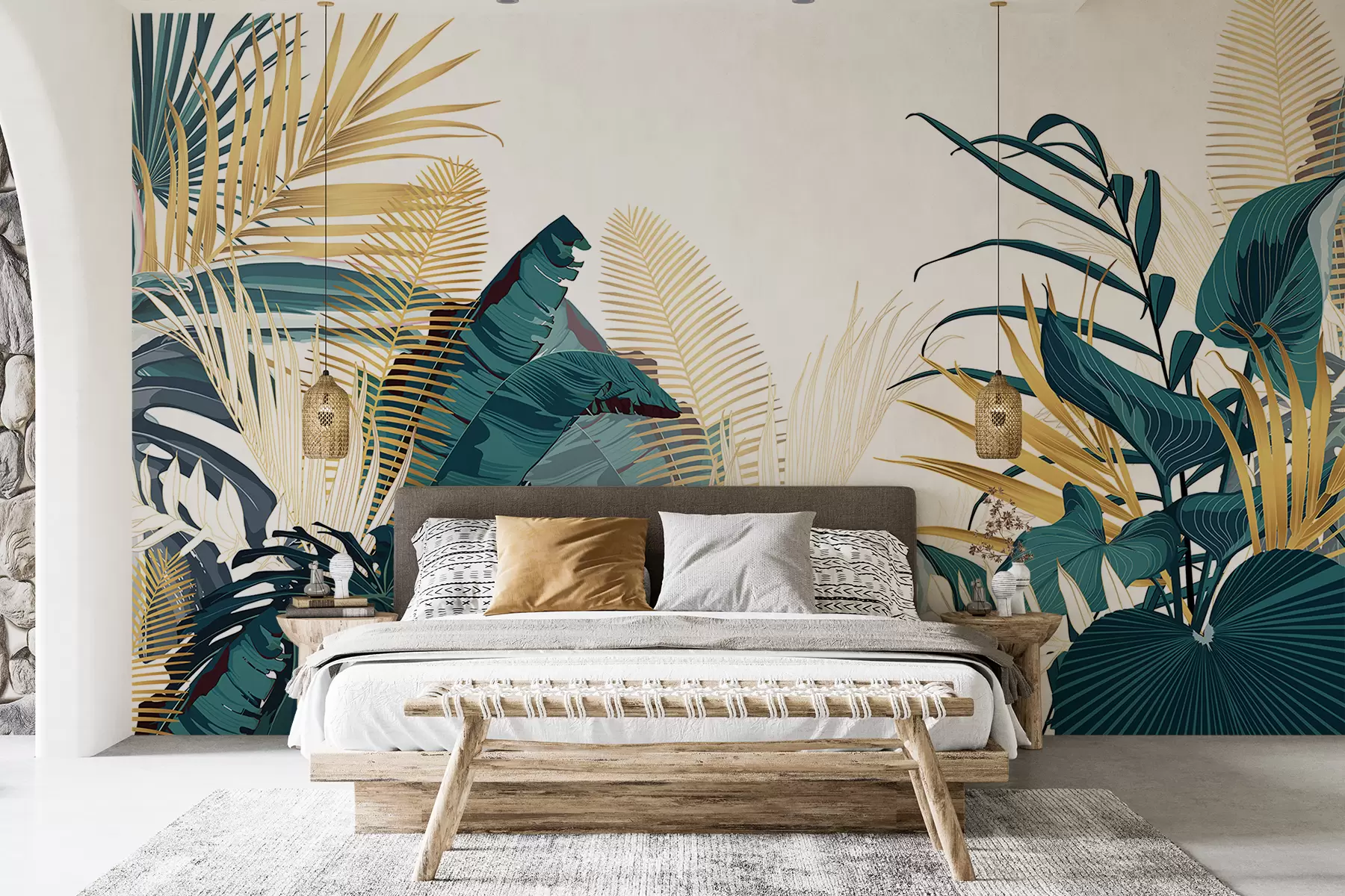 murales de pared Un exuberante follaje verde tropical, que incluye hojas de palmera, helechos y otras plantas exóticas de colores verde oscuro y naranja w08338