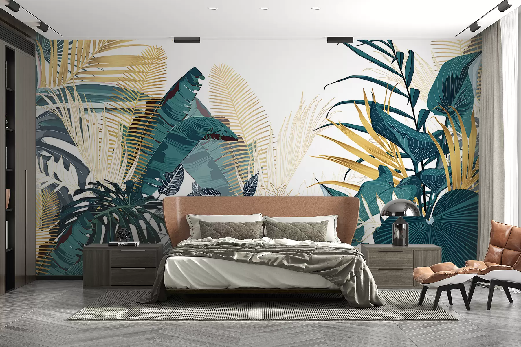 murales de pared Un exuberante follaje verde tropical, que incluye hojas de palmera, helechos y otras plantas exóticas de colores verde oscuro y naranja w08338