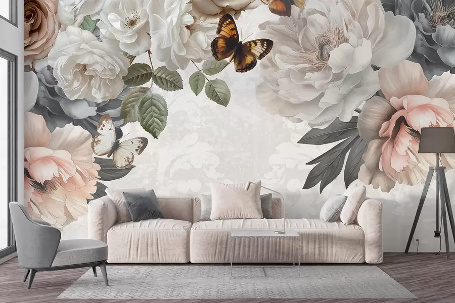 Murales de pared Grandes flores de peonía blancas y rosas con una mariposa posada en una de las flores sobre un fondo suave y difuminado w08340 murales de pared Grandes flores de peonía blancas y rosas con una mariposa posada en una de las flores sobre un fondo suave y difuminado w08340