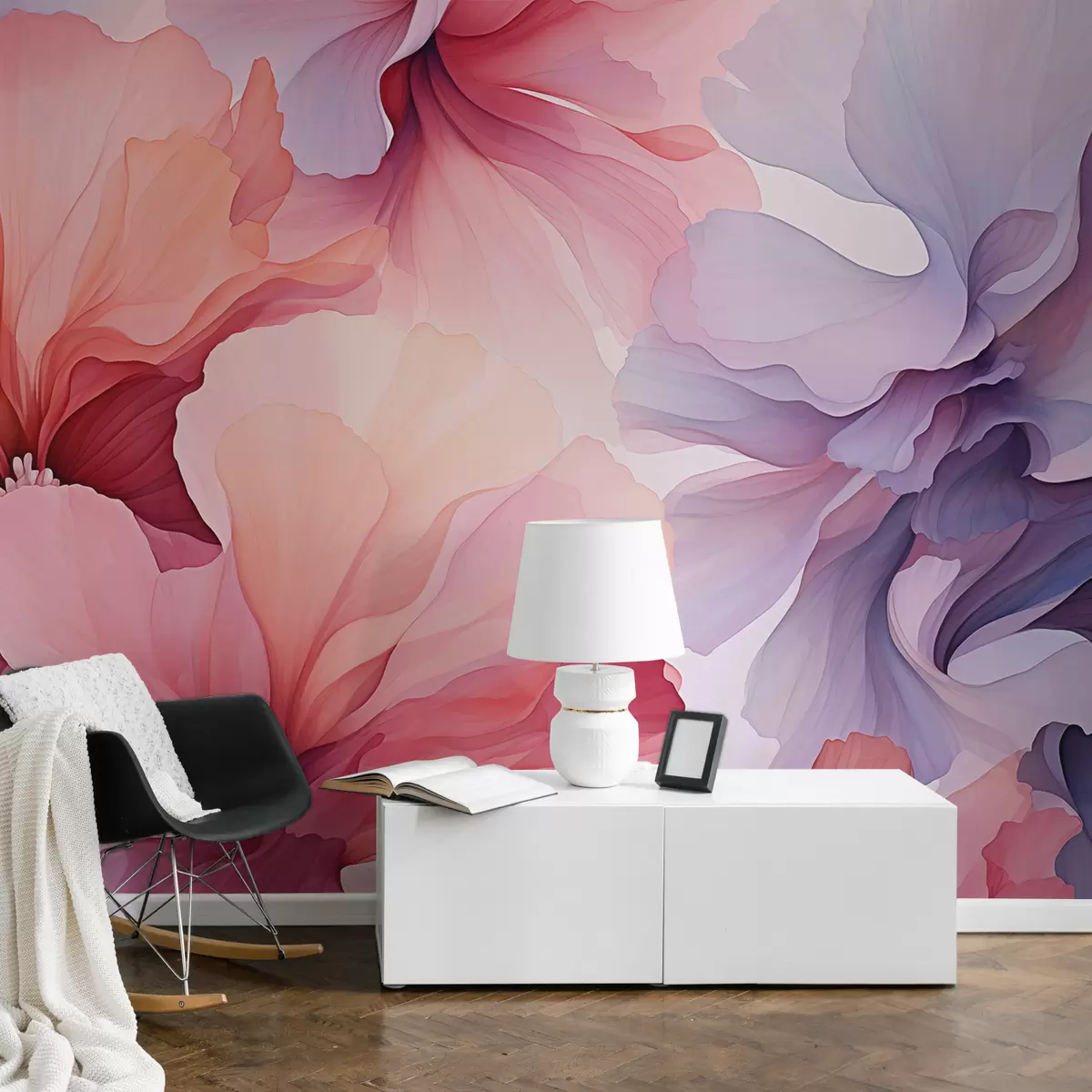 murales de pared Flores abstractas acuarela húmeda, rosa, color púrpura w01764