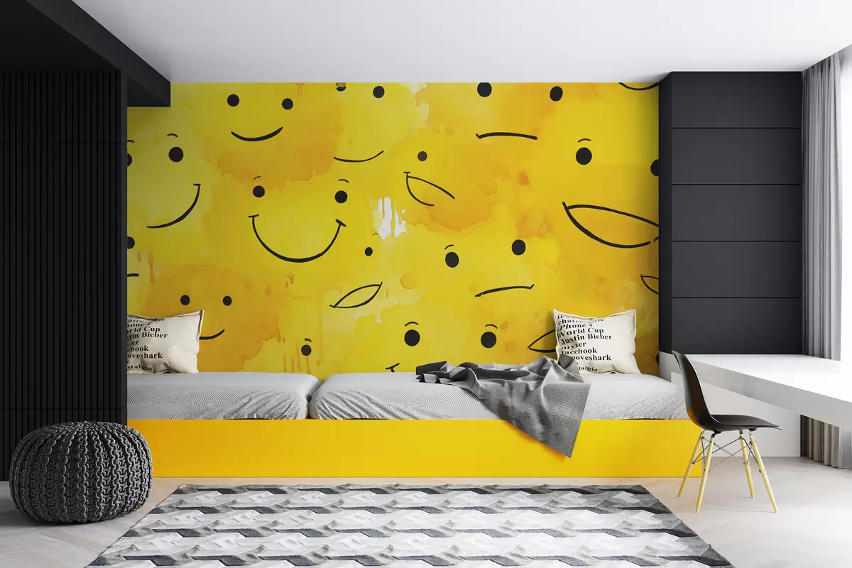 murales de pared Smileys sobre fondo amarillo acuarela mojada w01772