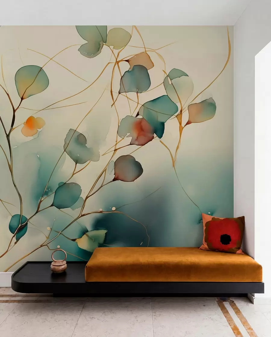 murales de pared Abstracto ramas con hojas borrosas acuarela húmeda w01779
