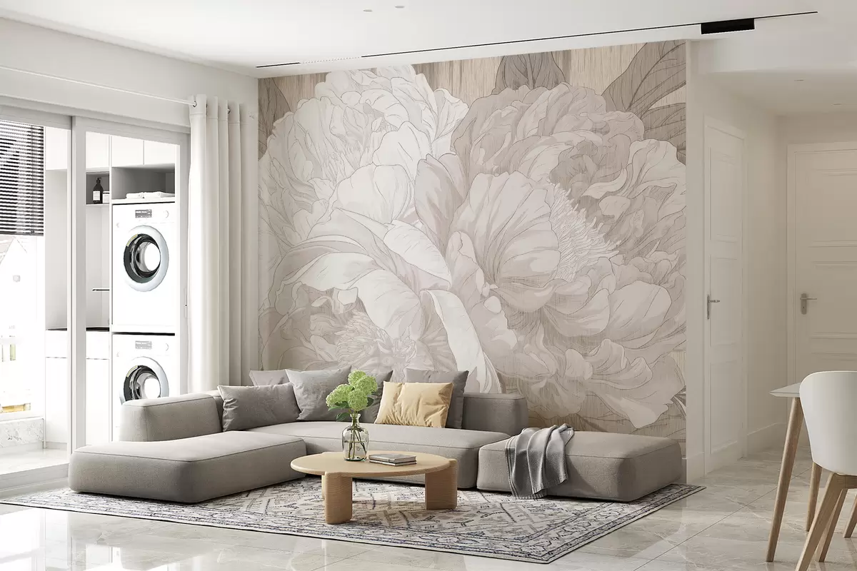murales de pared Grandes flores de peonía texturizadas en tonos beige w01141