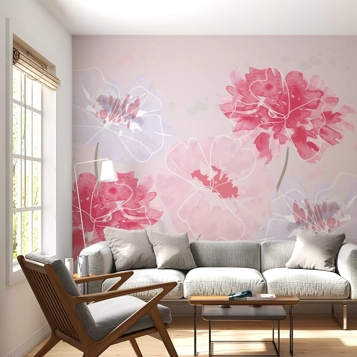 Murales de pared flores rosas y moradas en acuarela w01159 murales de pared flores rosas y moradas en acuarela w01159