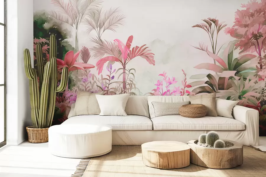 Murales de pared Selva, acuarela, palmeras, floral, colores rosados w01785v1 murales de pared Selva, acuarela, palmeras, floral, colores rosados w01785v1