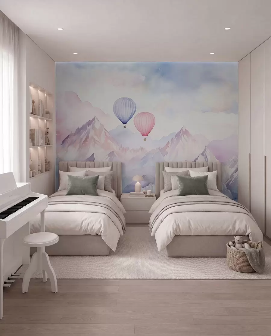 murales de pared Montañas de acuarela con globos de aire, etéreo  w01786