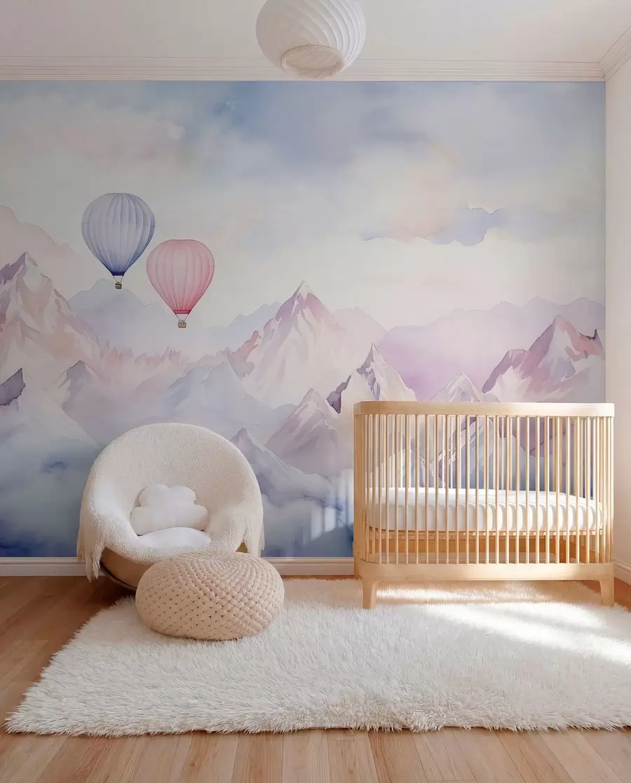 murales de pared Montañas de acuarela con globos de aire, etéreo  w01786