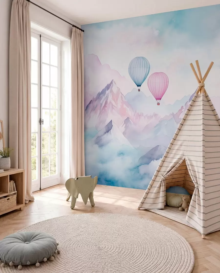 murales de pared Acuarela montañas con globos de aire, etéreo, colores azules w01786v1