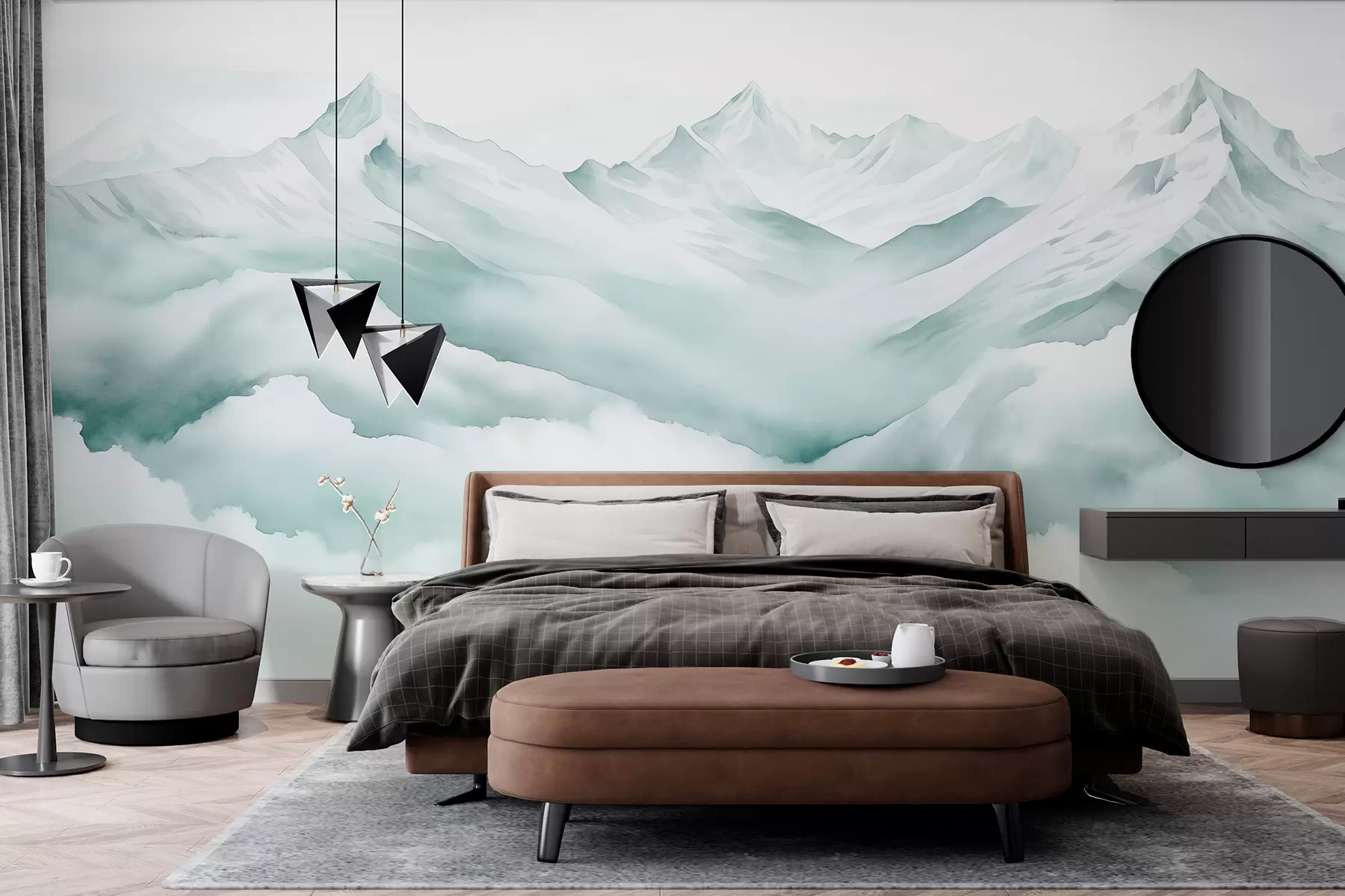 murales de pared Paisaje de montaña, acuarela, colores azules suaves w01787v2