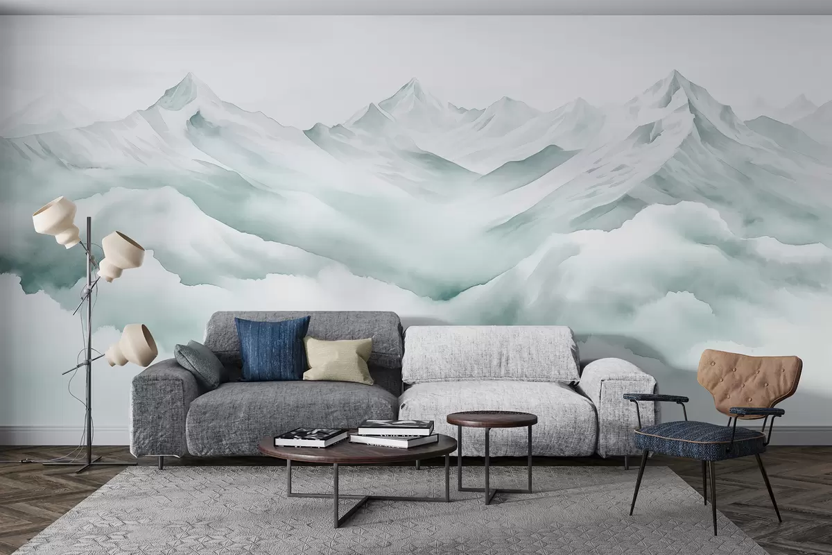 Murales de pared Paisaje de montaña, acuarela, colores azules suaves w01787v2 murales de pared Paisaje de montaña, acuarela, colores azules suaves w01787v2