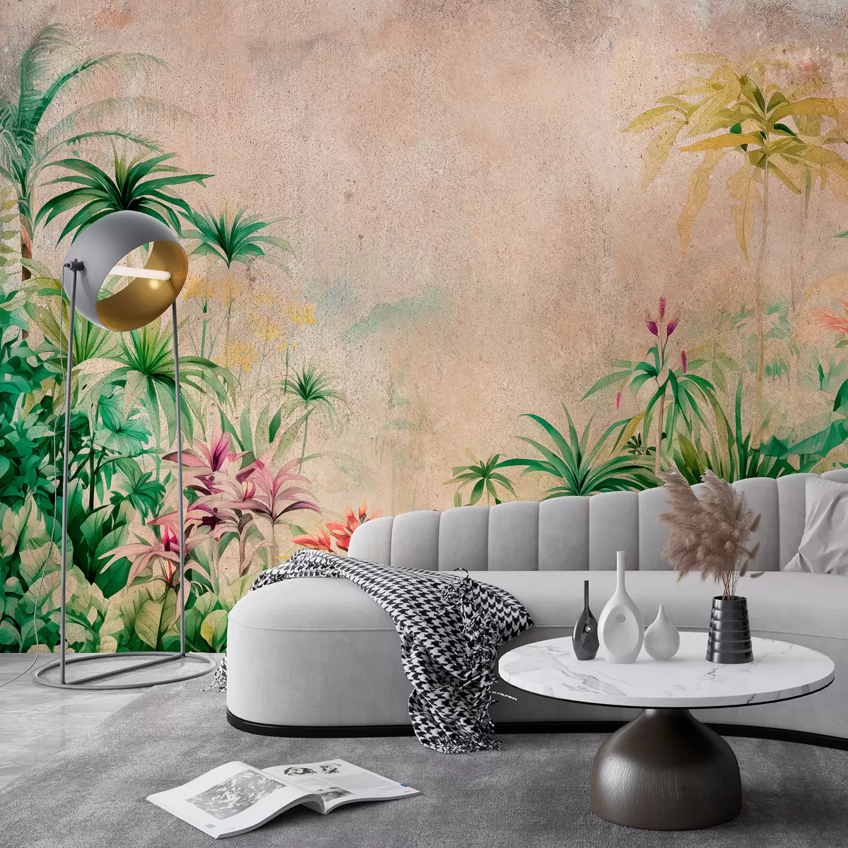 Murales de pared Selva, acuarela, palmeras, floral, fondo beige  w01788 murales de pared Selva, acuarela, palmeras, floral, fondo beige  w01788