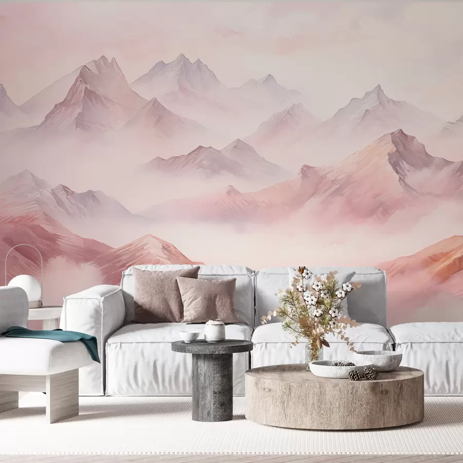 murales de pared Montañas con nubes, acuarela, suaves colores beige y rosa w01790