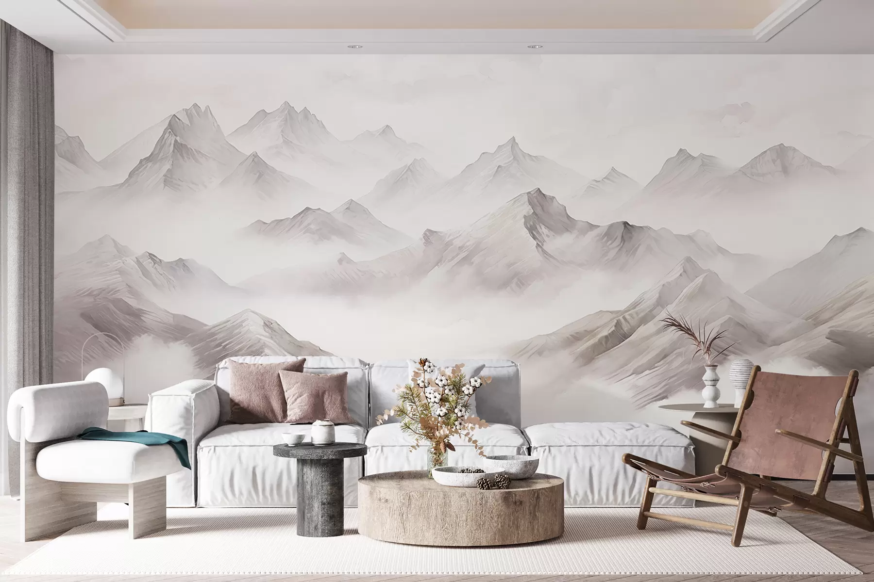 murales de pared Montañas con nubes, acuarela, colores grises suaves w01790v1