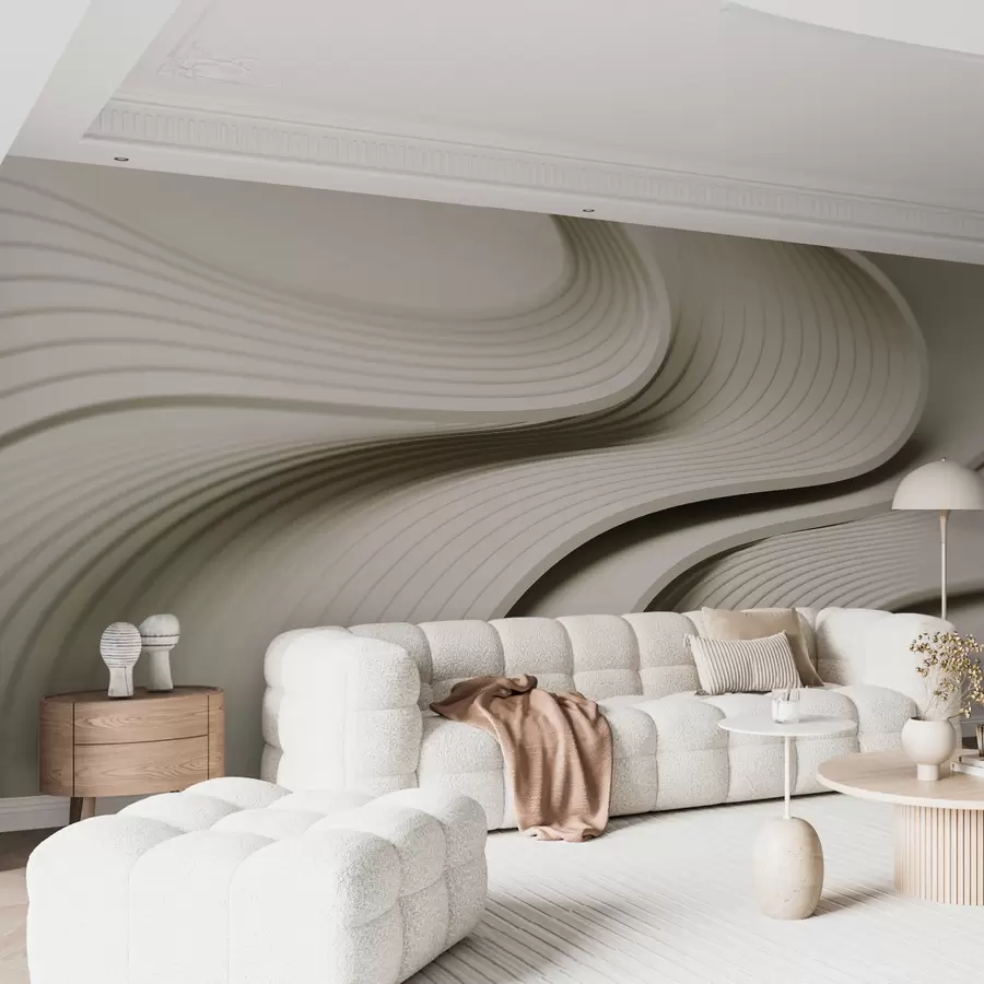 murales de pared Elegantes ondas voluminosas en estilo 3D en tonos beige w01147v2