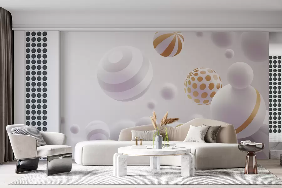 Murales de pared Esferas volantes volumétricas de estilo 3D en tonos grises claros con toques naranjas w01148 murales de pared Esferas volantes volumétricas de estilo 3D en tonos grises claros con toques naranjas w01148