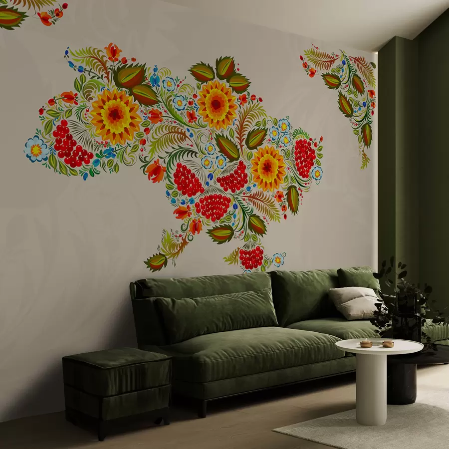 Murales de pared Mapa de Ucrania pintado al estilo de Petrikov sobre fondo beige claro w01149 murales de pared Mapa de Ucrania pintado al estilo de Petrikov sobre fondo beige claro w01149