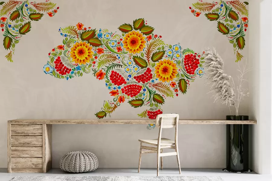 murales de pared Mapa de Ucrania pintado al estilo de Petrikov sobre fondo beige claro w01149
