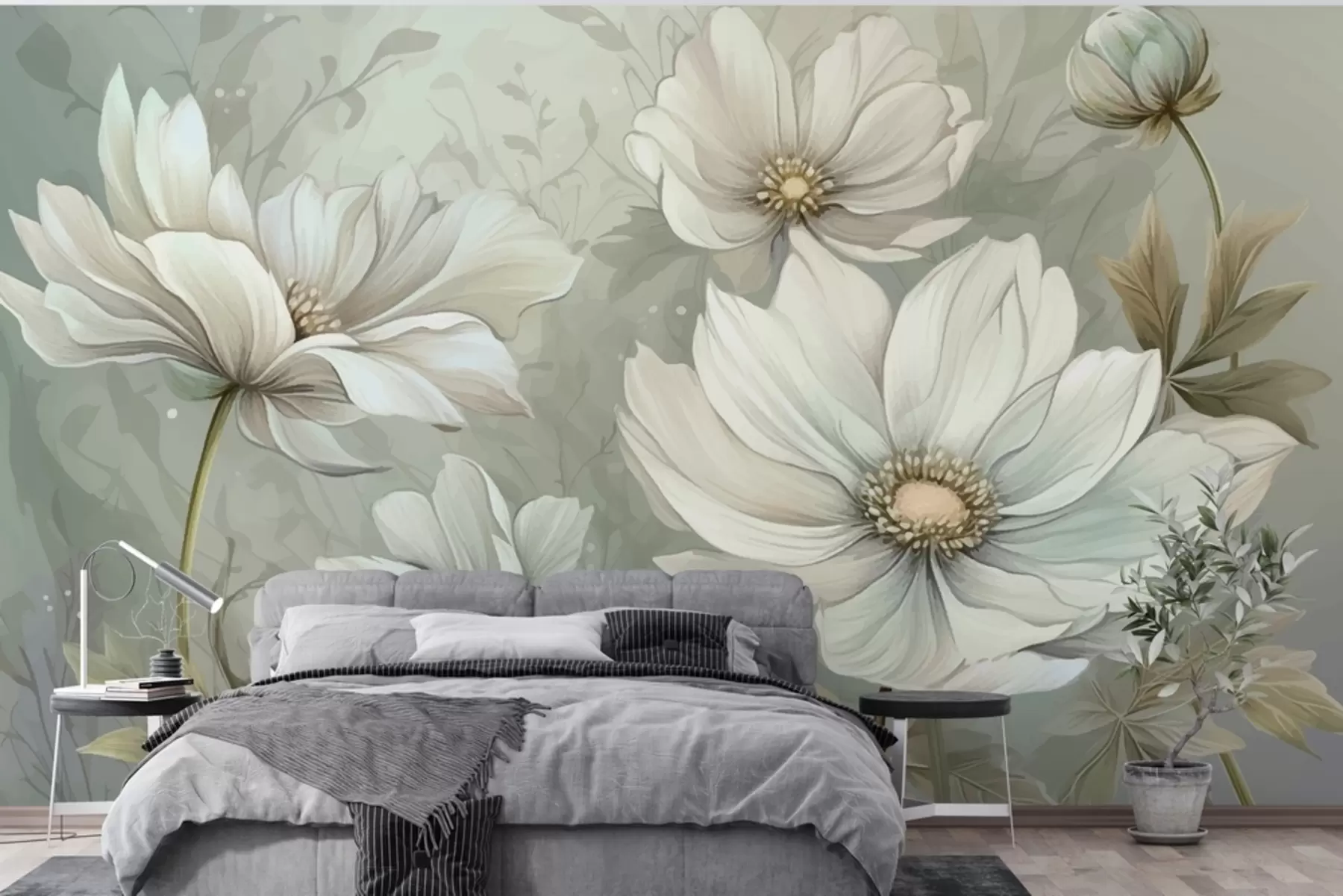 murales de pared Grandes flores blancas y beige, fondo delicado w01808
