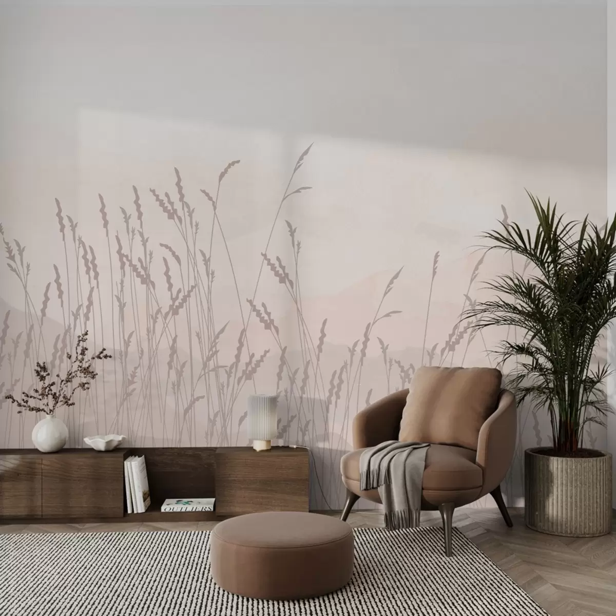 Murales de pared Montañas rosa pálido,beige,hierba beige oscuro,rosa w01811 murales de pared Montañas rosa pálido,beige,hierba beige oscuro,rosa w01811