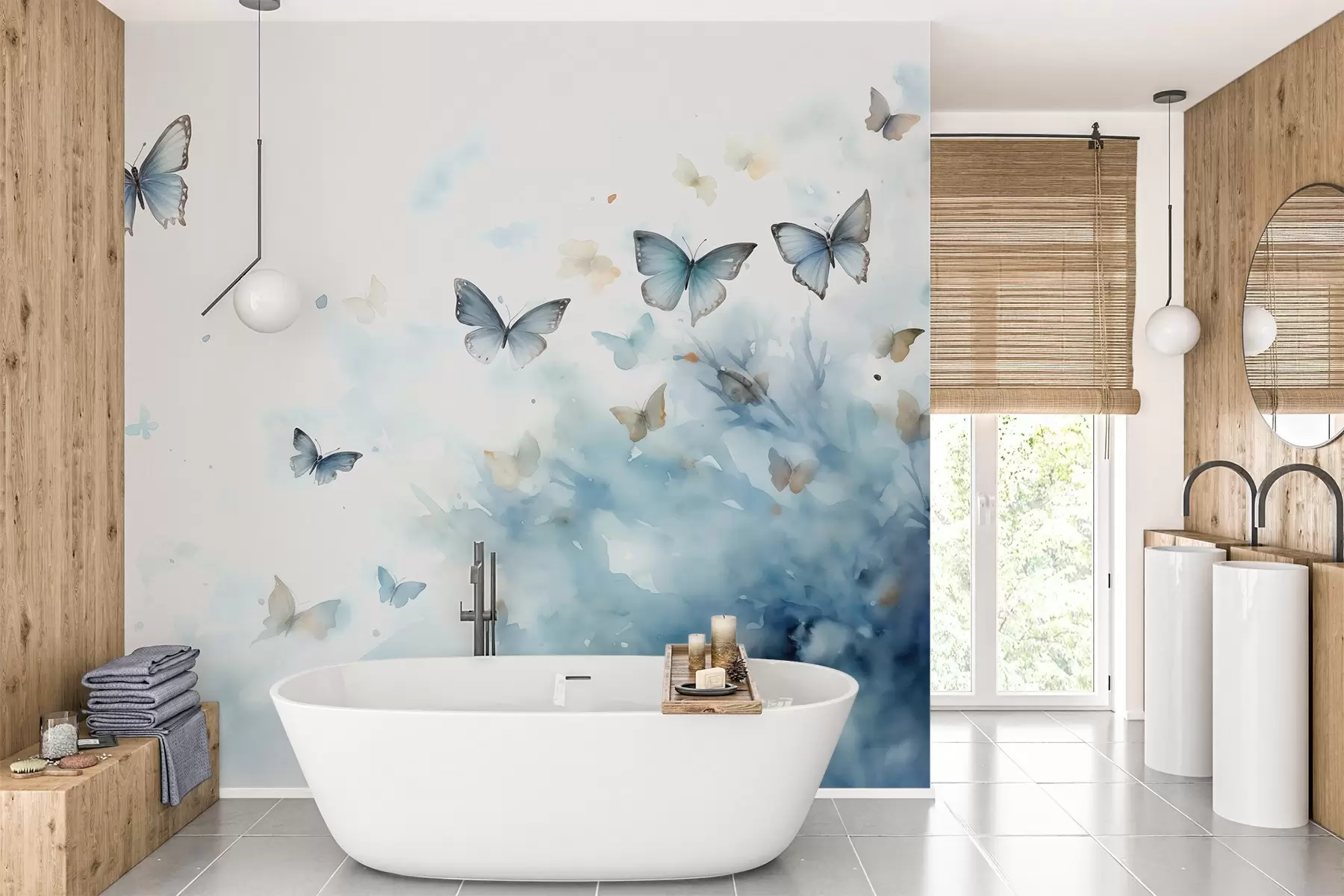 murales de pared Mariposas sobre fondo de manchas azules acuarela mojada w01861
