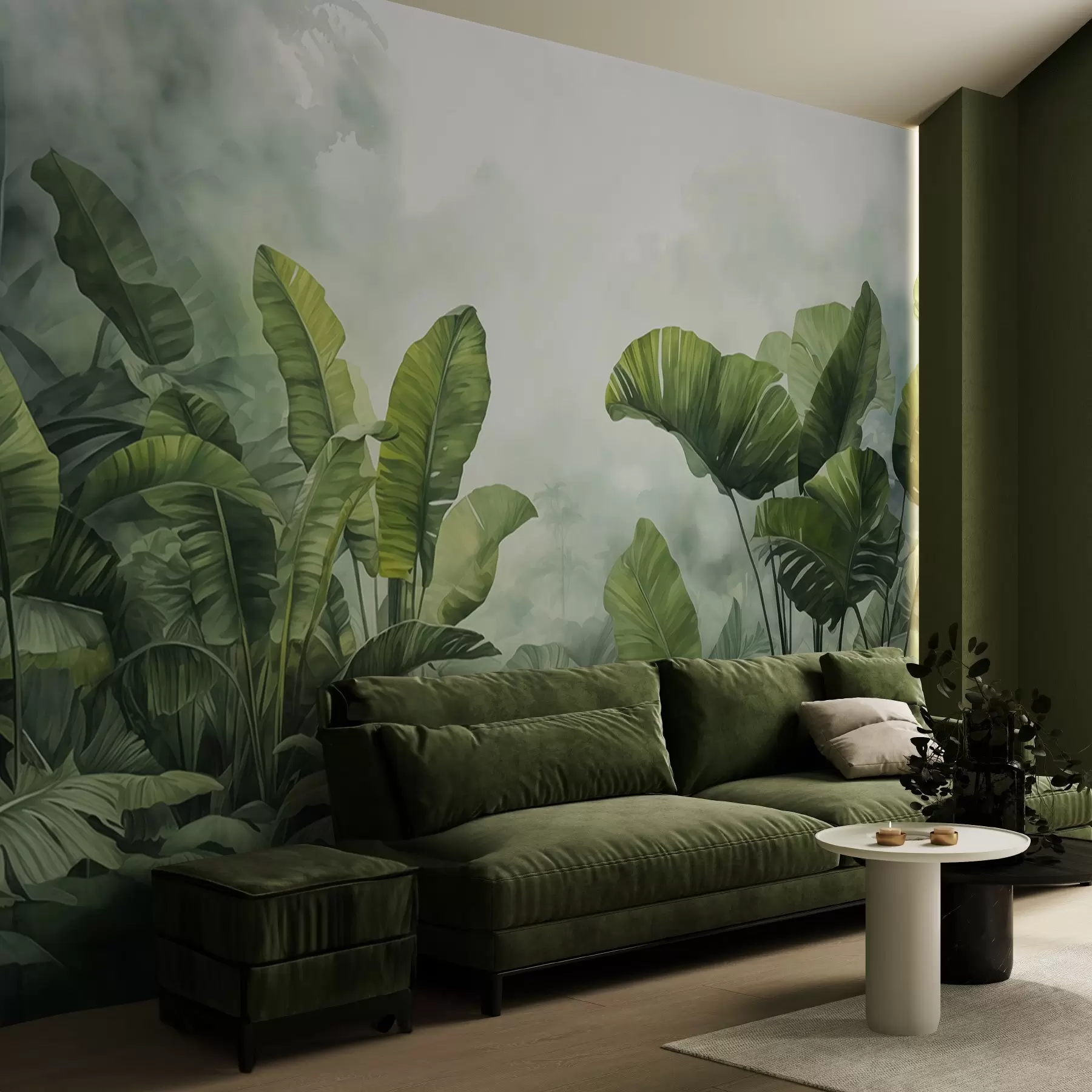 murales de pared Hojas tropicales en la selva sobre el fondo de niebla acuarela húmeda w01868