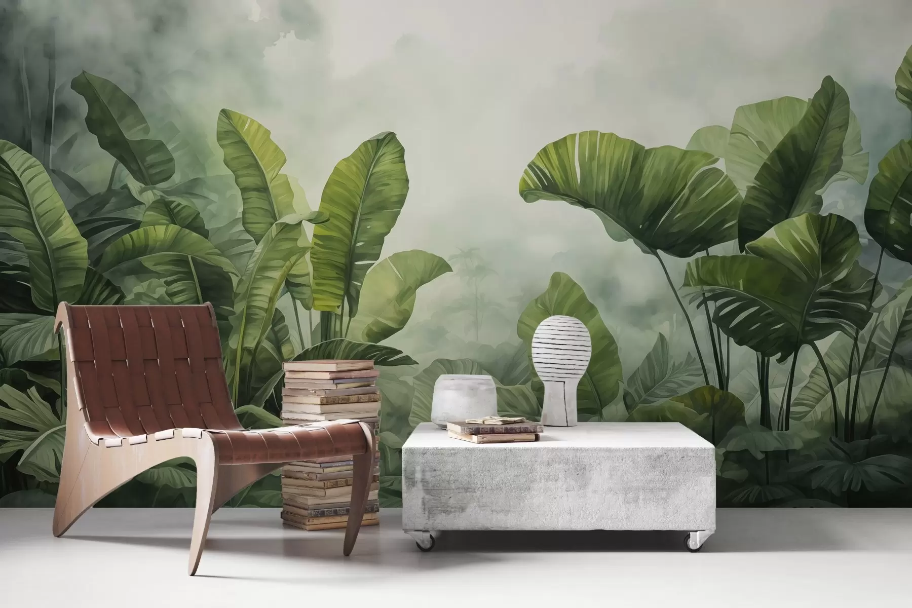 murales de pared Hojas tropicales en la selva sobre el fondo de niebla acuarela húmeda w01868