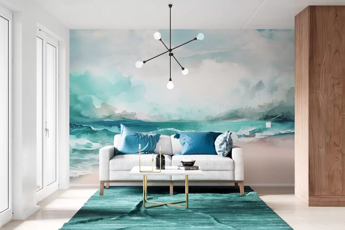 murales de pared Un sereno paisaje de playa con olas rompiendo, una orilla arenosa y un cielo nublado en tonos azules, verdes y beige w08343