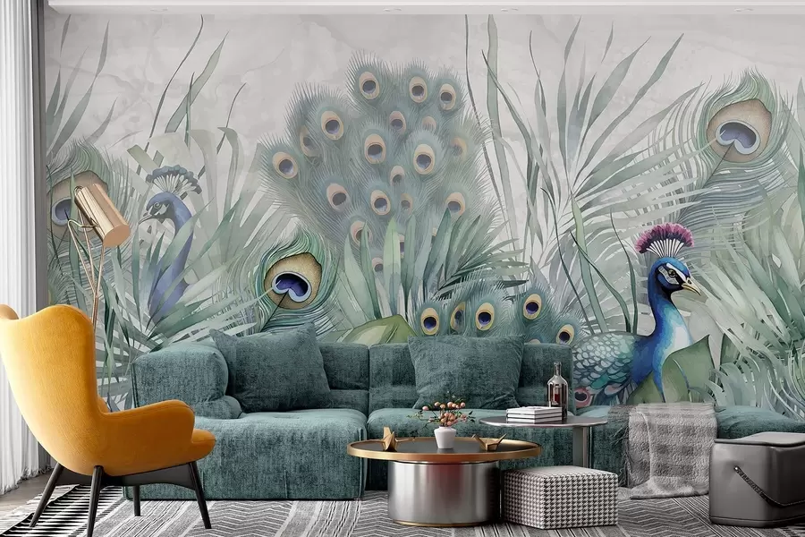 Murales de pared Un par de coloridos pavos reales rodeados de exuberante follaje verde acuarela y vibrantes flores sobre fondo gris w08345 murales de pared Un par de coloridos pavos reales rodeados de exuberante follaje verde acuarela y vibrantes flores sobre fondo gris w08345