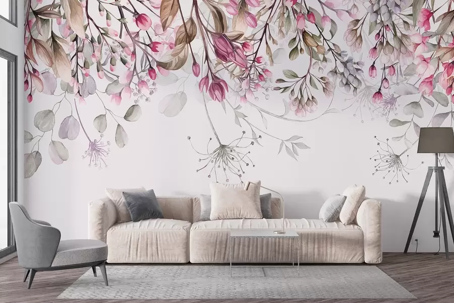 murales de pared Delicadas ramas florales rosas y blancas con hojas y pétalos, sobre fondo gris pastel w08347