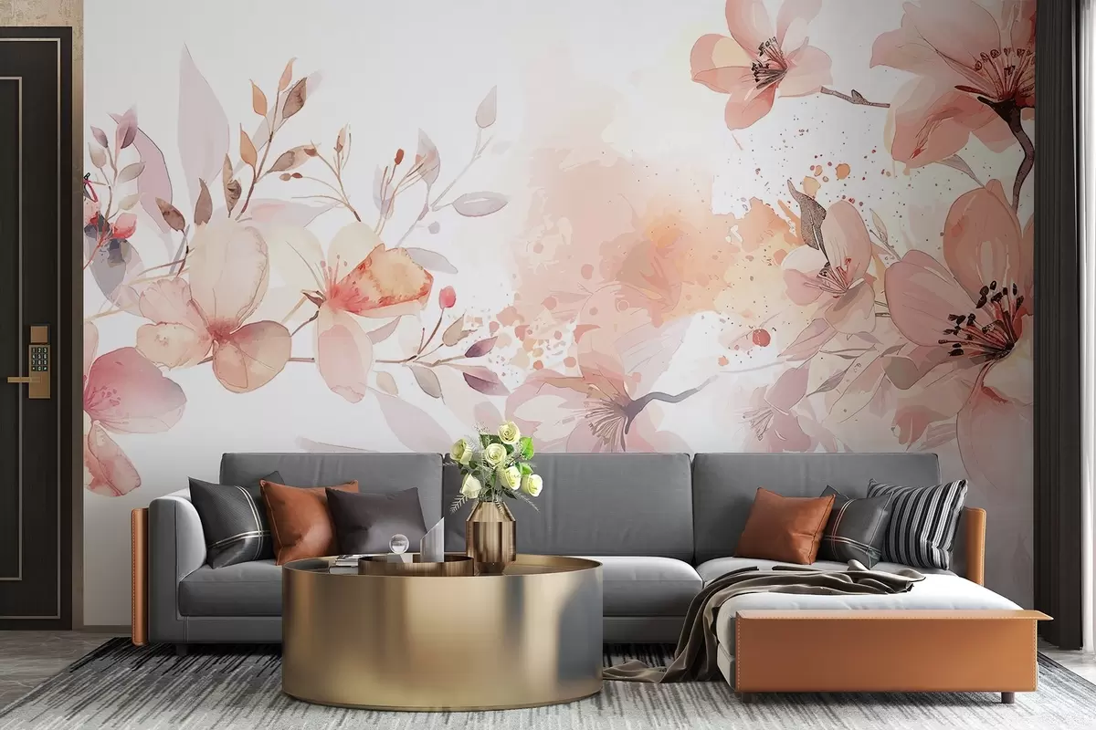 Murales de pared Un ramo de delicadas flores blancas y melocotón con pétalos suaves y difuminados sobre un fondo de acuarela ligero y vaporoso w08348 murales de pared Un ramo de delicadas flores blancas y melocotón con pétalos suaves y difuminados sobre un fondo de acuarela ligero y vaporoso w08348