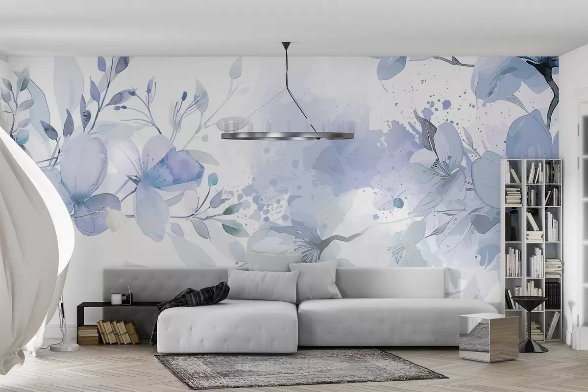 Murales de pared Un ramo de delicadas flores azules y blancas con pétalos suaves y difuminados sobre un fondo de acuarela ligero y aireado w08348v1 murales de pared Un ramo de delicadas flores azules y blancas con pétalos suaves y difuminados sobre un fondo de acuarela ligero y aireado w08348v1