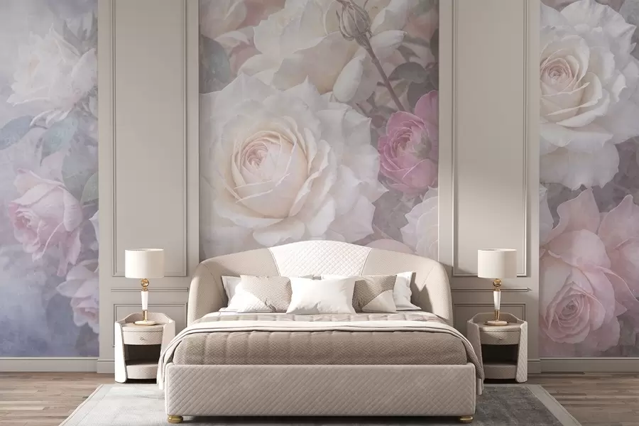 murales de pared Rosas y peonías de suaves colores pastel sobre un fondo difuminado de textura gris brumosa w08352