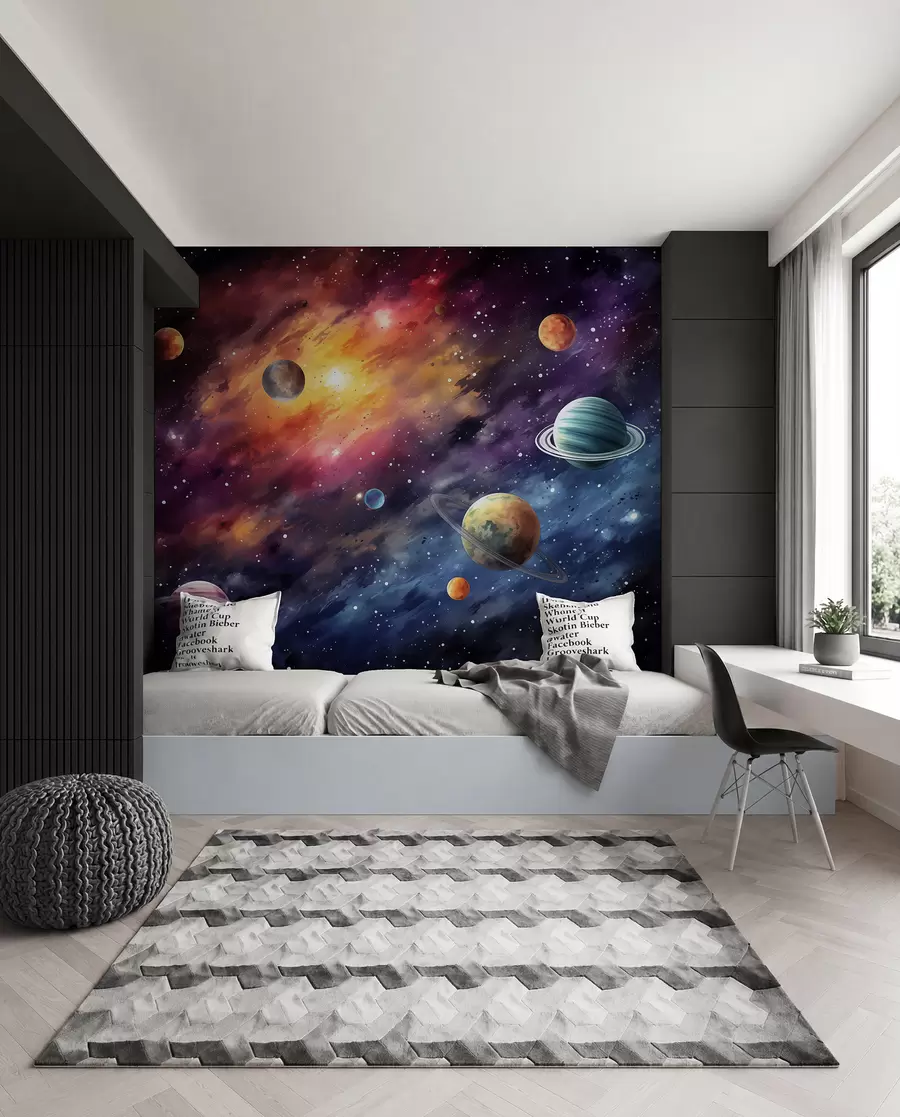 murales de pared Espacio con planetas y estrellas, acuarela, cósmico w01798