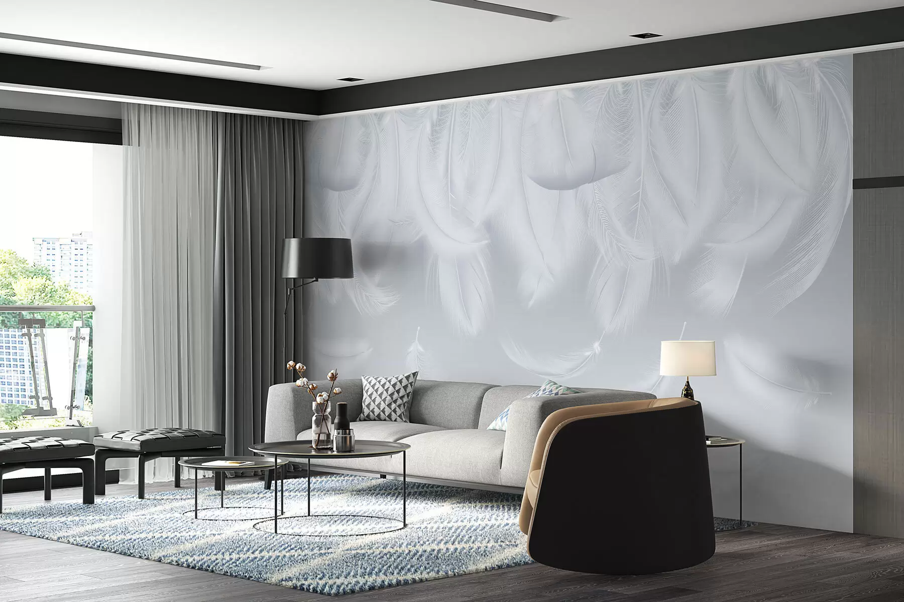 murales de pared Delicadas plumas blancas cayendo desde arriba sobre un fondo gris frío w01150v2