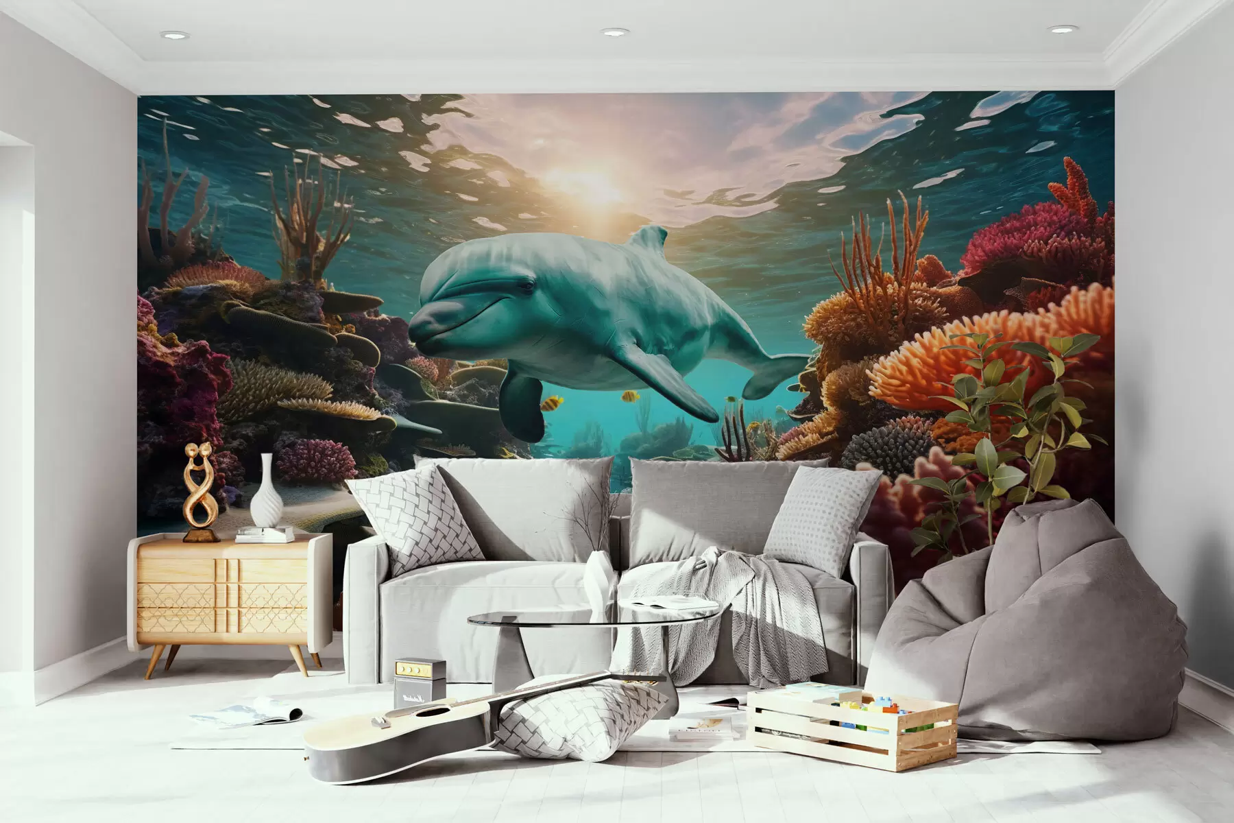 murales de pared Gran delfín en el mundo submarino de los arrecifes de coral w01873