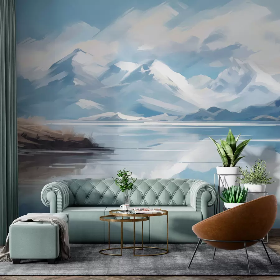 Murales de pared Paisaje de montañas y lago en un día de invierno w01683 murales de pared Paisaje de montañas y lago en un día de invierno w01683