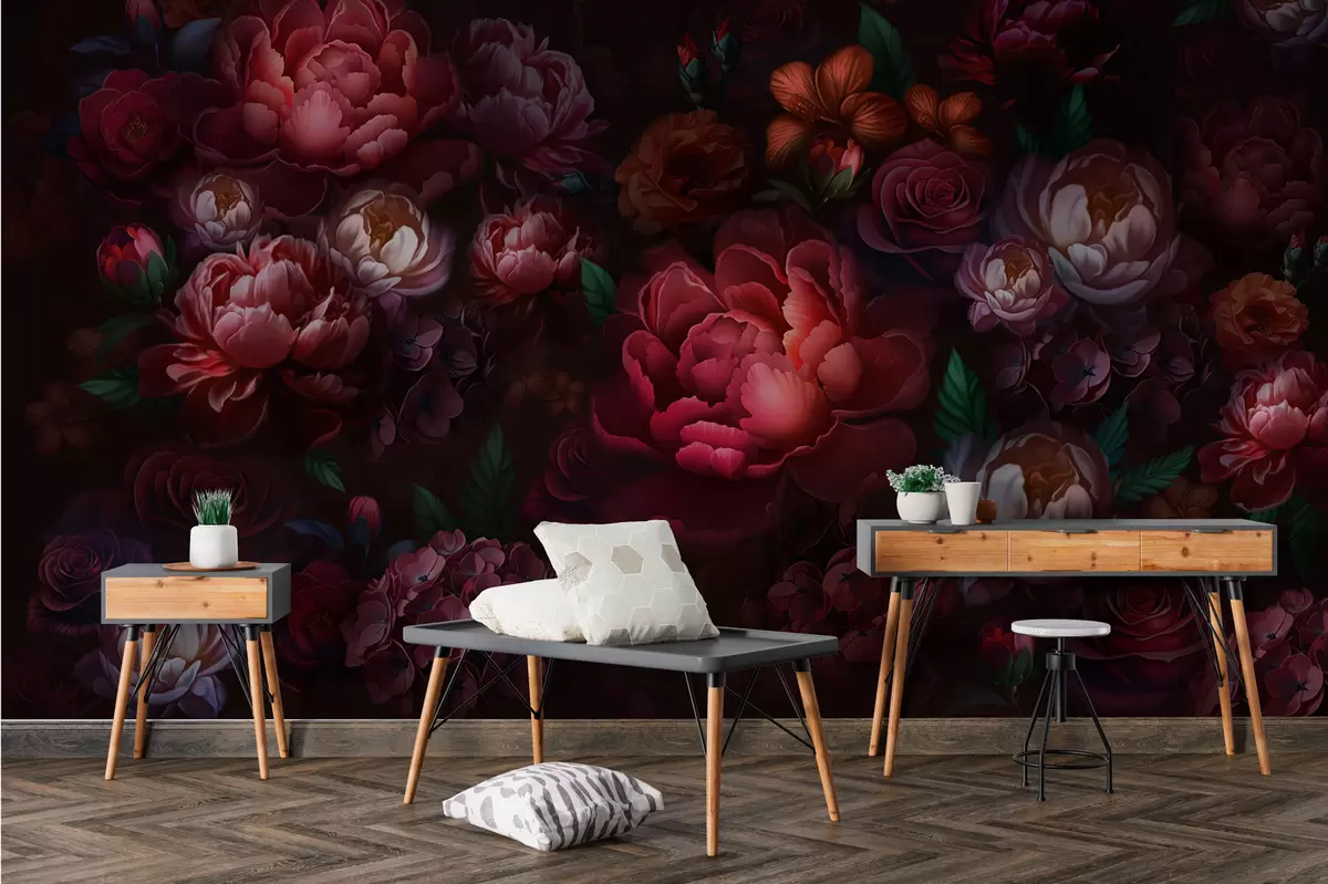 murales de pared Flores exquisitas sobre fondo oscuro w01794