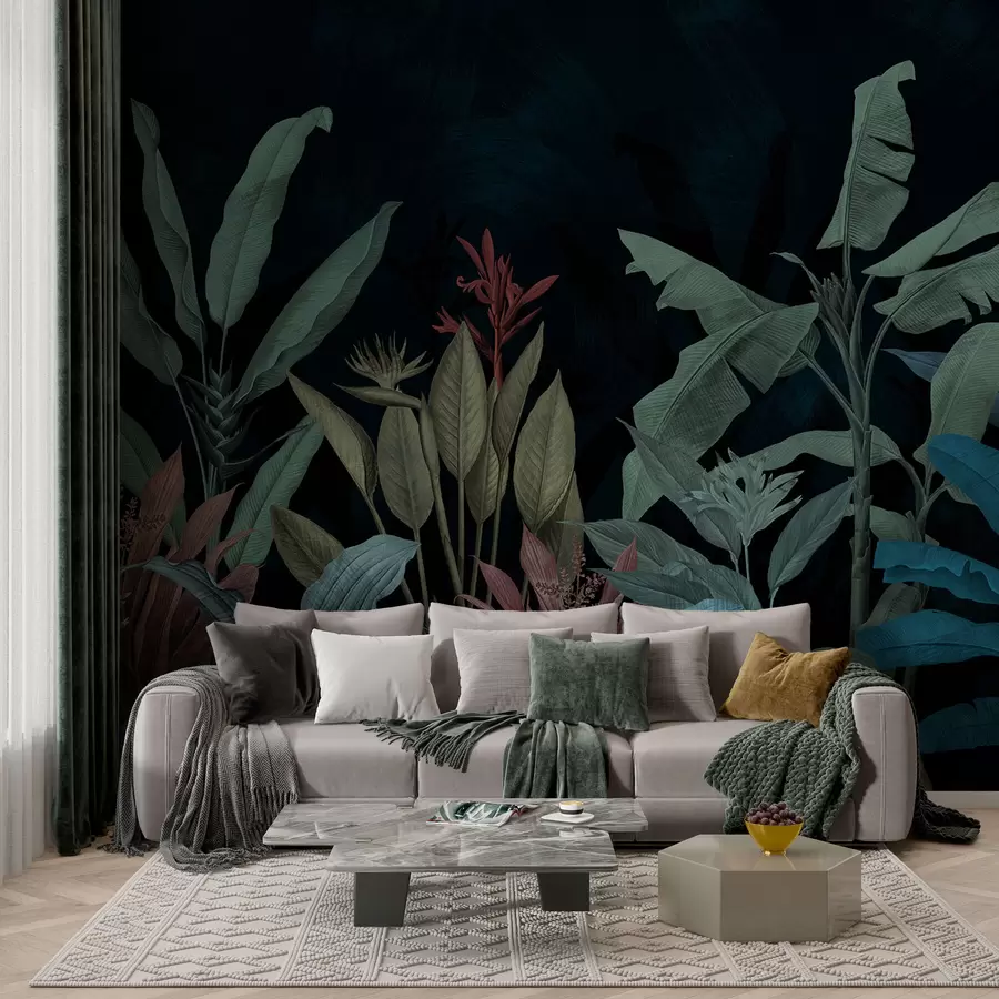 murales de pared Hojas y flores tropicales sobre fondo oscuro w01834