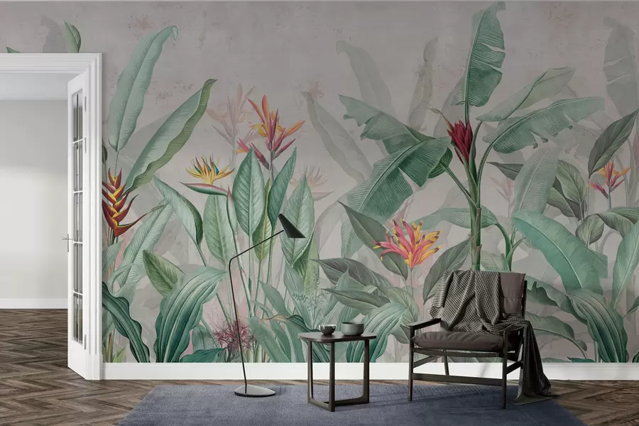 murales de pared Hojas y flores tropicales sobre fondo claro w01834v1