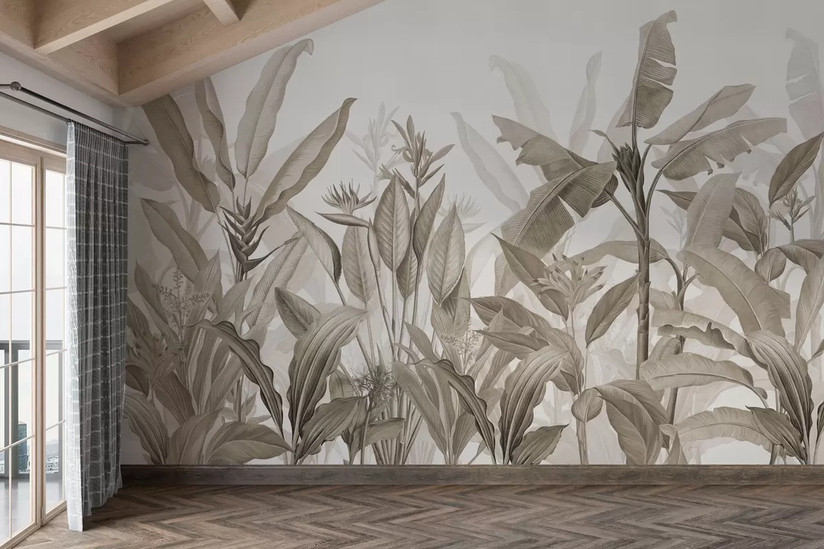 murales de pared Hojas y flores tropicales sobre fondo claro en estilo sepia w01834v4
