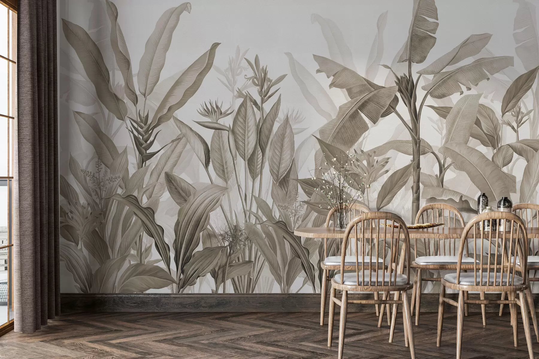 murales de pared Hojas y flores tropicales sobre fondo claro en estilo sepia w01834v4