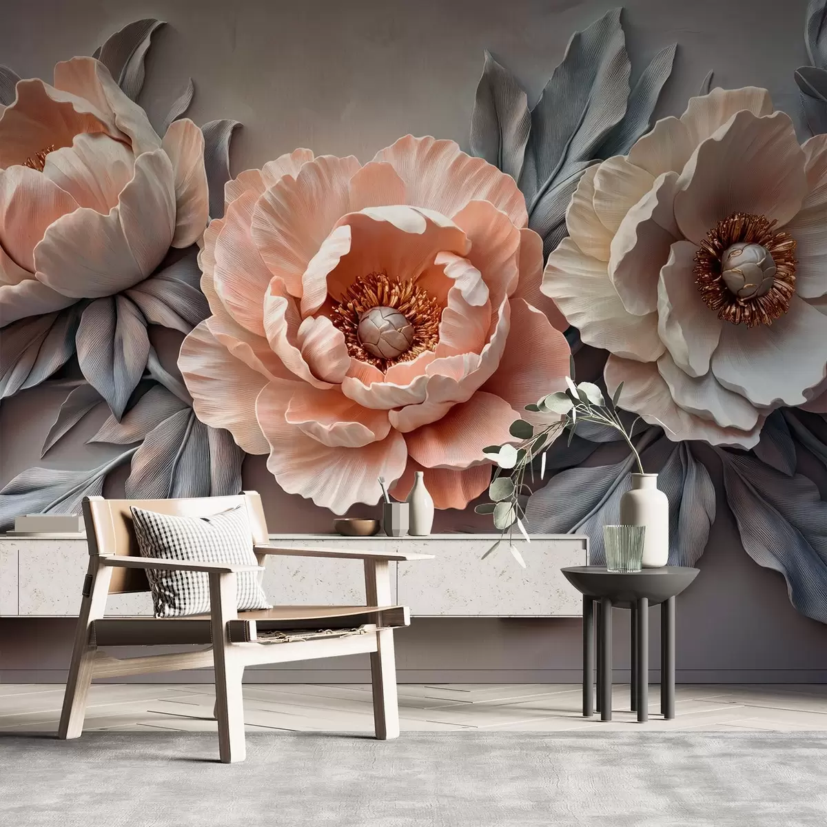 Murales de pared Peonías florales rosas con hojas y pétalos en colores pastel apagados, estilo bajorrelieve escultórico w01824 murales de pared Peonías florales rosas con hojas y pétalos en colores pastel apagados, estilo bajorrelieve escultórico w01824
