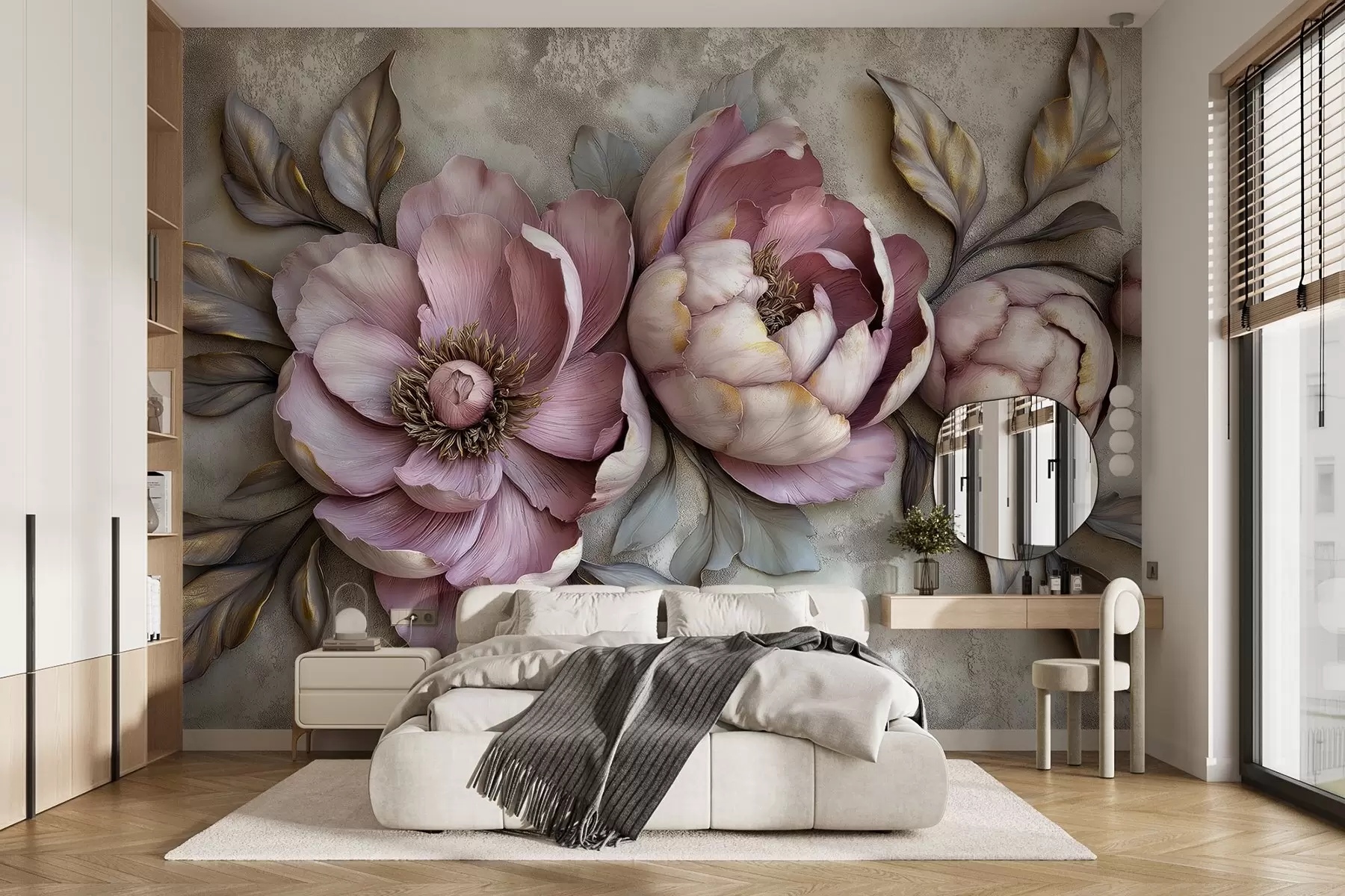 murales de pared Peonías florales moradas con hojas y pétalos en colores pastel apagados, estilo vintage w01825