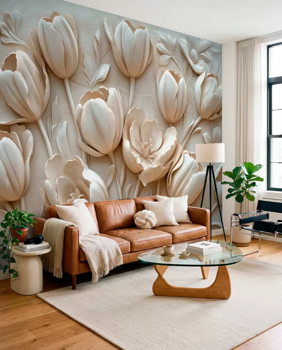 murales de pared arte floral en 3D con elegantes tulipanes de color beige w01851